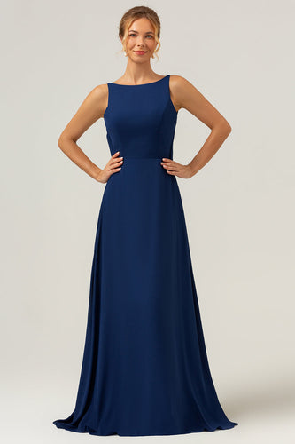 Navy Mermaid Backless Chiffon Long Bridesmaid Dress