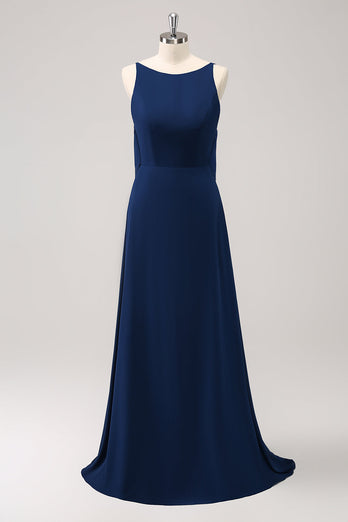 Navy Cowl Back A-Line Long Bridesmaid Dress