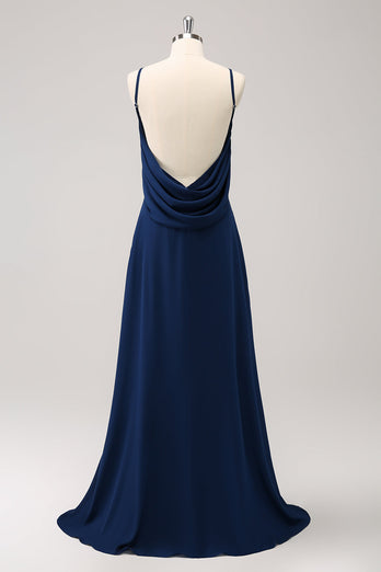 Navy Cowl Back A-Line Long Bridesmaid Dress