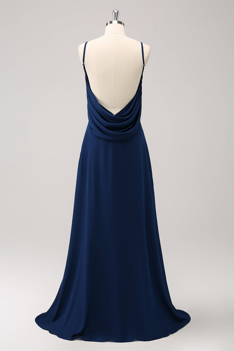 Load image into Gallery viewer, Navy Cowl Back A-Line Long Bridesmaid Dress