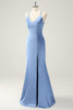 Load image into Gallery viewer, Blue Mermaid Spaghetti Straps Satin Bridesmaid Dress with Slit