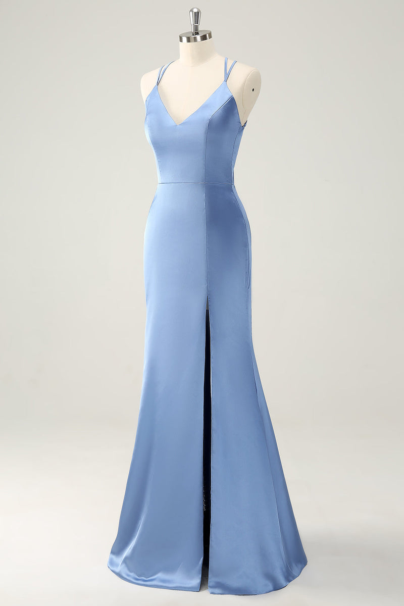 Load image into Gallery viewer, Blue Mermaid Spaghetti Straps Satin Bridesmaid Dress with Slit