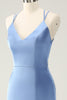 Load image into Gallery viewer, Blue Mermaid Spaghetti Straps Satin Bridesmaid Dress with Slit