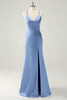 Load image into Gallery viewer, Blue Mermaid Spaghetti Straps Long Satin Bridesmaid Dress with Slit