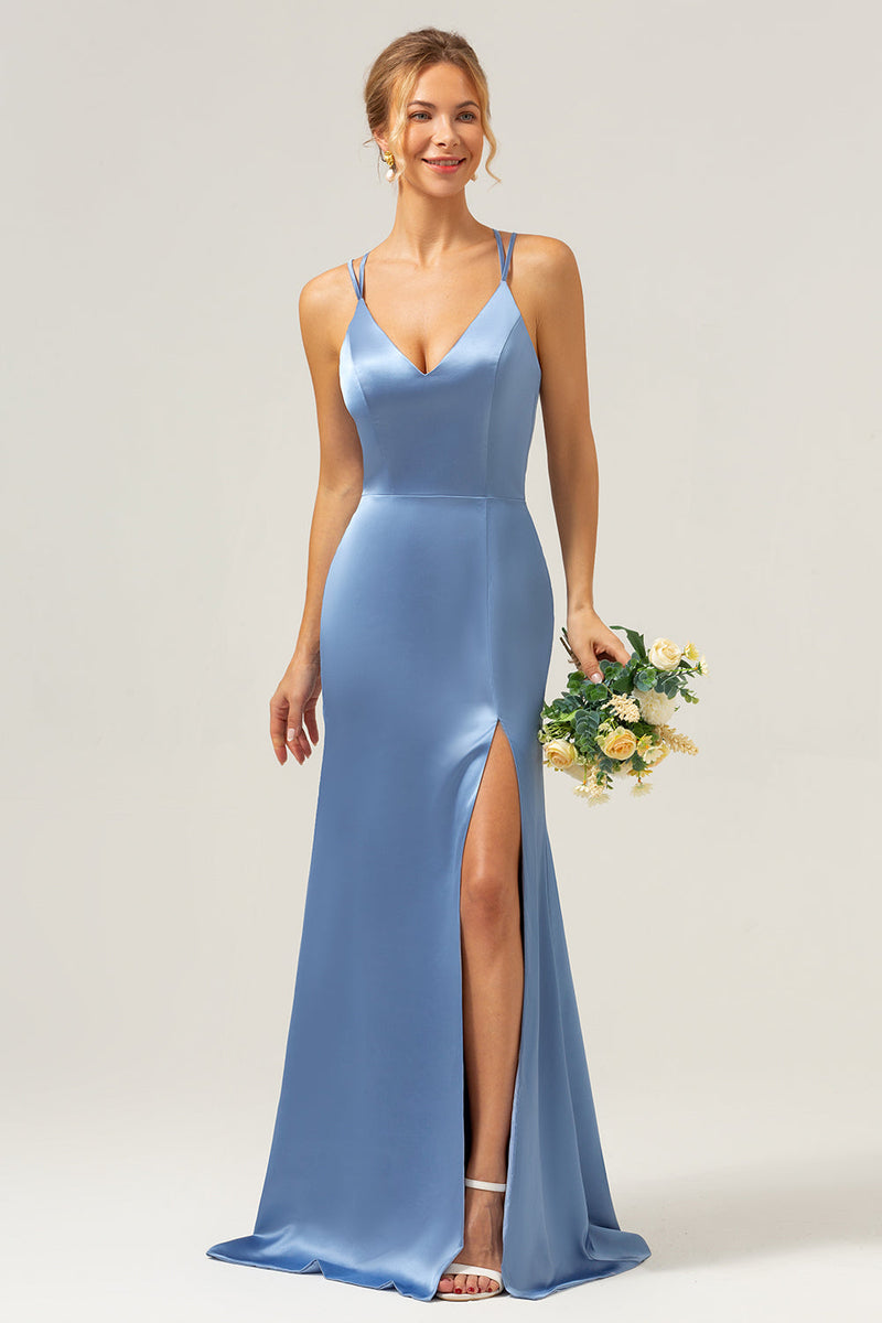 Load image into Gallery viewer, Blue Mermaid Spaghetti Straps Long Satin Bridesmaid Dress with Slit