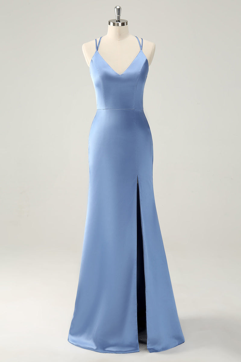 Load image into Gallery viewer, Blue Mermaid Spaghetti Straps Satin Bridesmaid Dress with Slit