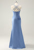 Load image into Gallery viewer, Blue Mermaid Spaghetti Straps Satin Bridesmaid Dress with Slit