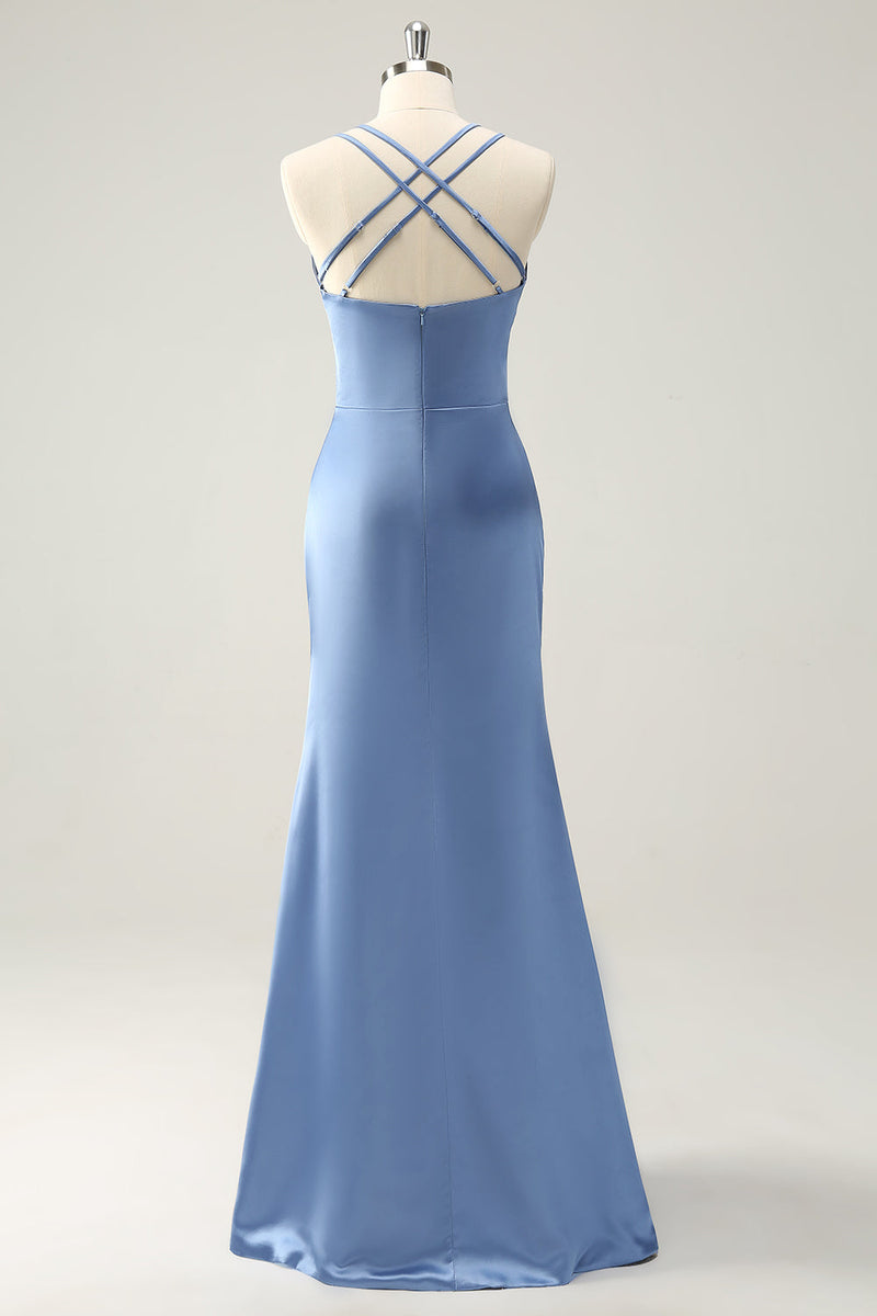 Load image into Gallery viewer, Blue Mermaid Spaghetti Straps Satin Bridesmaid Dress with Slit