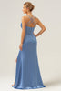 Load image into Gallery viewer, Blue Mermaid Spaghetti Straps Long Satin Bridesmaid Dress with Slit