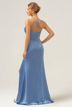 Blue Mermaid Spaghetti Straps Long Satin Bridesmaid Dress with Slit