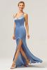 Load image into Gallery viewer, Blue Mermaid Spaghetti Straps Long Satin Bridesmaid Dress with Slit