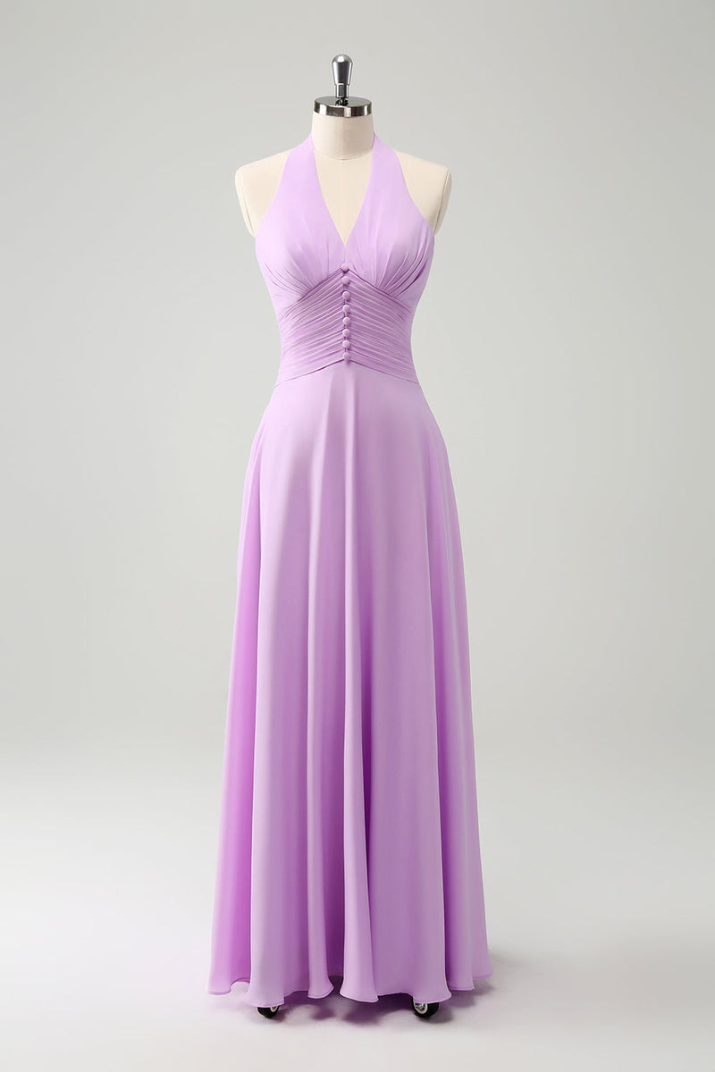 Load image into Gallery viewer, A Line Halter Chiffon Backless Long Purple Bridesmaid Dress