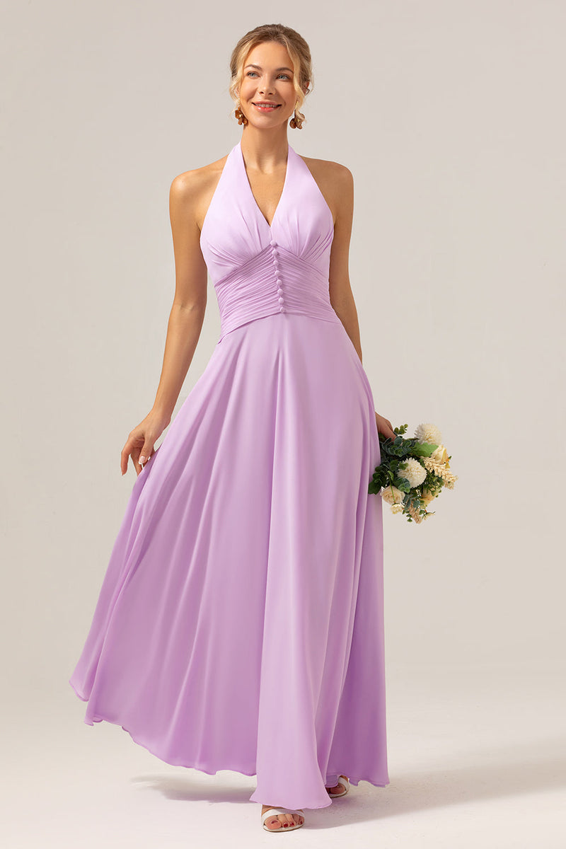 Load image into Gallery viewer, A Line Halter Chiffon Backless Long Purple Bridesmaid Dress