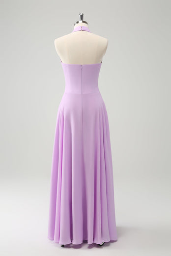 A Line Halter Chiffon Backless Long Purple Bridesmaid Dress