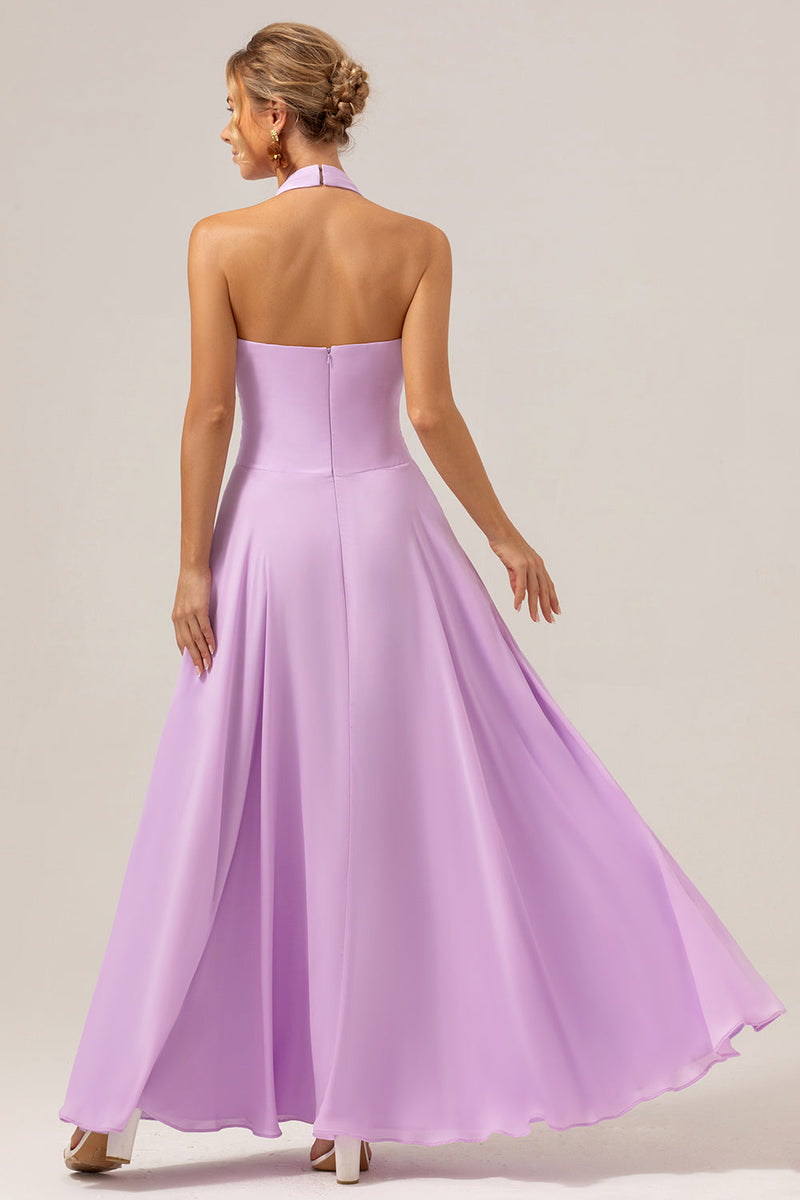 Load image into Gallery viewer, A Line Halter Chiffon Backless Long Purple Bridesmaid Dress