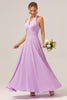 Load image into Gallery viewer, A Line Halter Chiffon Backless Long Purple Bridesmaid Dress