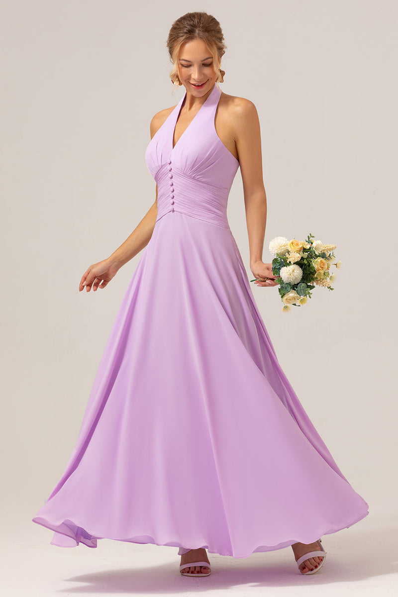 Load image into Gallery viewer, A Line Halter Chiffon Backless Long Purple Bridesmaid Dress