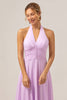 Load image into Gallery viewer, A Line Halter Chiffon Backless Long Purple Bridesmaid Dress