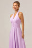 Load image into Gallery viewer, A Line Halter Chiffon Backless Long Purple Bridesmaid Dress