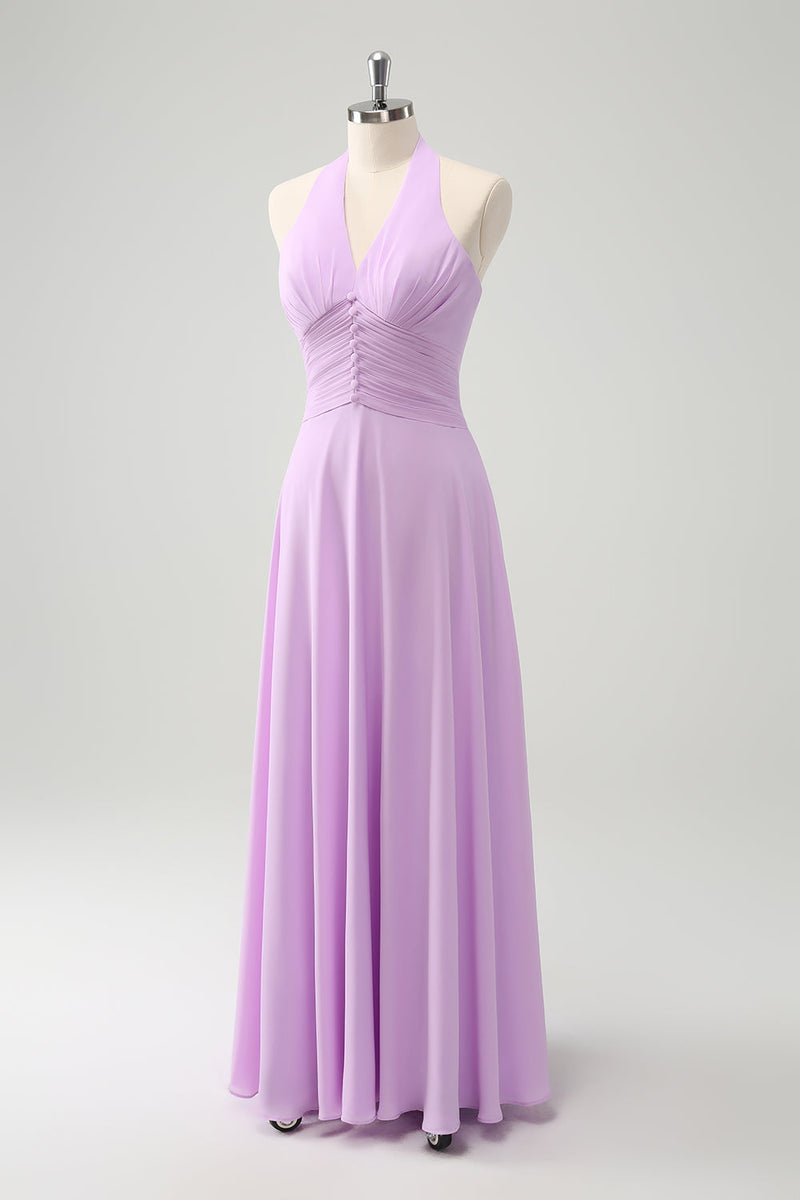 Load image into Gallery viewer, Purple A Line Halter Chiffon Long Backless Bridesmaid Dress