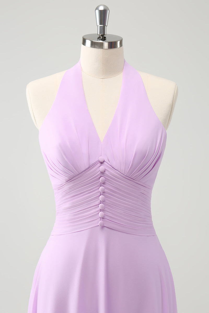 Load image into Gallery viewer, Purple A Line Halter Chiffon Long Backless Bridesmaid Dress