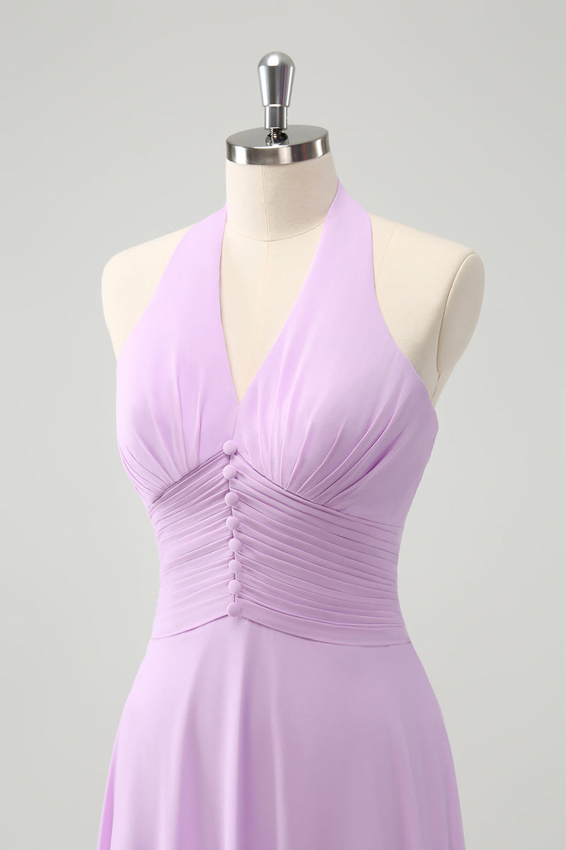 Load image into Gallery viewer, Purple A Line Halter Chiffon Long Backless Bridesmaid Dress