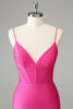 Load image into Gallery viewer, Fuchsia Bodycon Spaghetti Straps Satin Graduation Dress