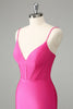 Load image into Gallery viewer, Fuchsia Bodycon Spaghetti Straps Satin Graduation Dress