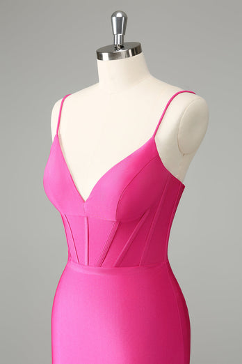 Fuchsia Bodycon Spaghetti Straps Satin Graduation Dress