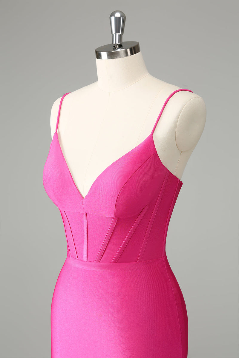 Load image into Gallery viewer, Fuchsia Bodycon Spaghetti Straps Satin Graduation Dress