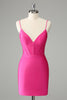 Load image into Gallery viewer, Fuchsia Bodycon Spaghetti Straps Satin Graduation Dress