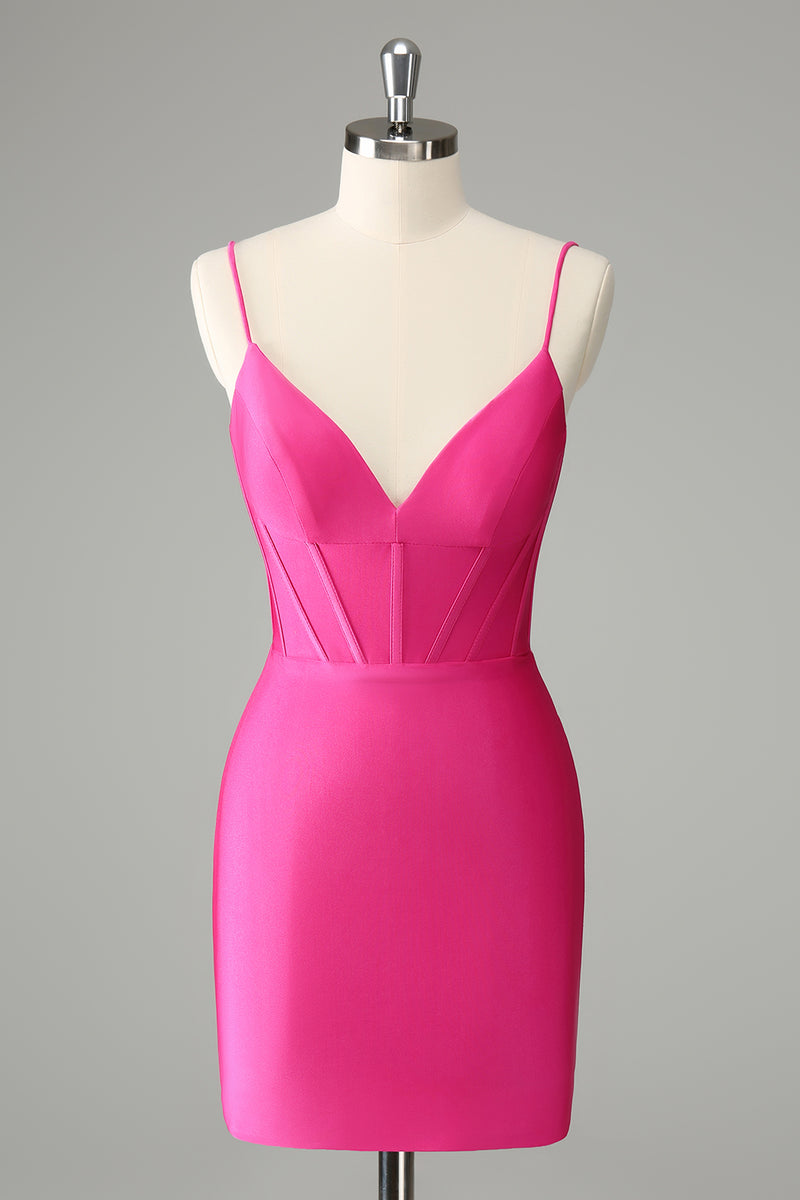 Load image into Gallery viewer, Fuchsia Bodycon Spaghetti Straps Satin Graduation Dress