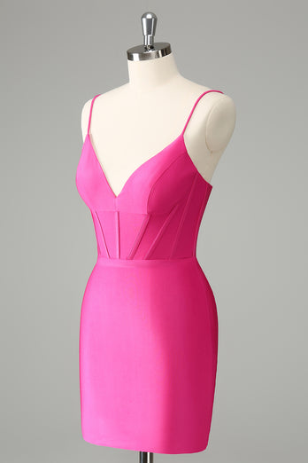 Fuchsia Bodycon Spaghetti Straps Satin Graduation Dress