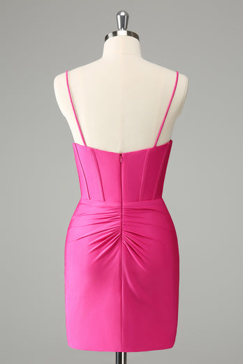 Fuchsia Bodycon Spaghetti Straps Satin Graduation Dress