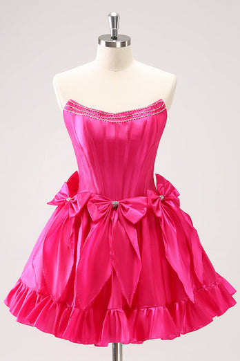 Fuchsia A Line Strapless Corset Short Graduation Dress With Bows