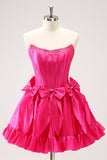 Fuchsia A Line Strapless Corset Short Graduation Dress With Bows
