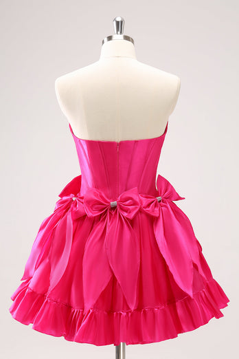 Fuchsia A Line Strapless Corset Short Graduation Dress With Bows