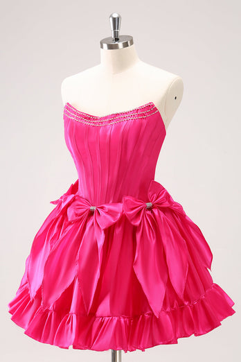 Fuchsia A Line Strapless Corset Short Graduation Dress With Bows