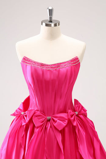 Fuchsia A Line Strapless Corset Short Graduation Dress With Bows