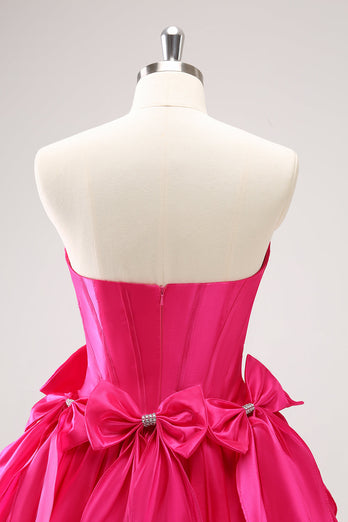 Fuchsia A Line Strapless Corset Short Graduation Dress With Bows