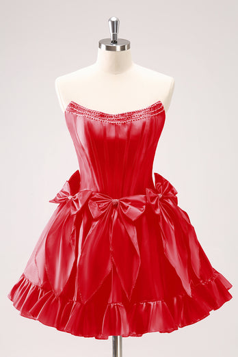 Fuchsia A Line Strapless Corset Short Graduation Dress With Bows