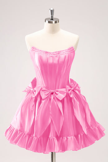 Fuchsia A Line Strapless Corset Short Graduation Dress With Bows