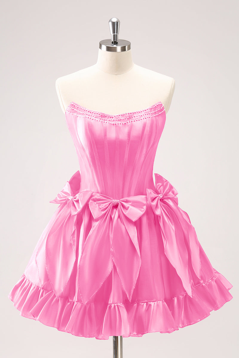 Load image into Gallery viewer, Fuchsia A Line Strapless Corset Short Graduation Dress With Bows