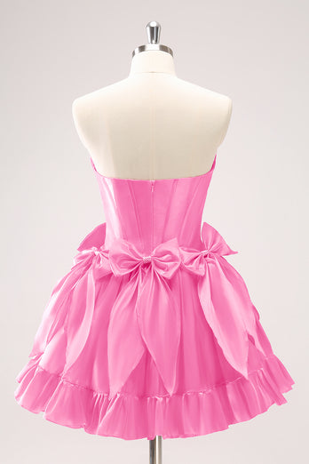 Fuchsia A Line Strapless Corset Short Graduation Dress With Bows