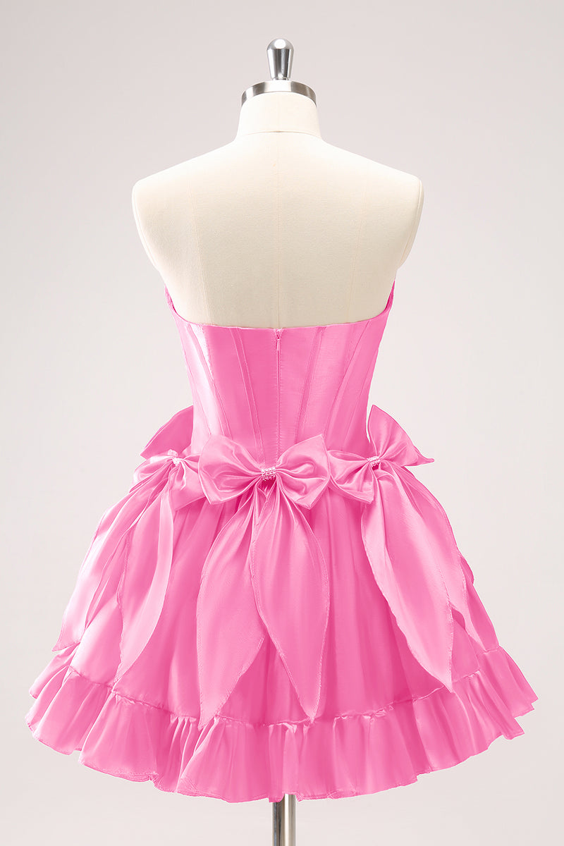 Load image into Gallery viewer, Fuchsia A Line Strapless Corset Short Graduation Dress With Bows