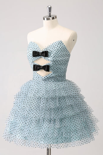 Blue A Line Tiered Dotted Strapless Graduation Dress with Bows