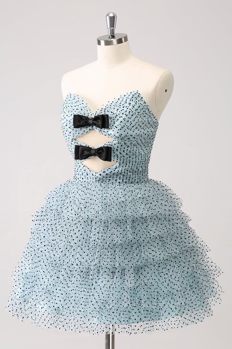 Load image into Gallery viewer, Blue A Line Tiered Dotted Strapless Graduation Dress with Bows