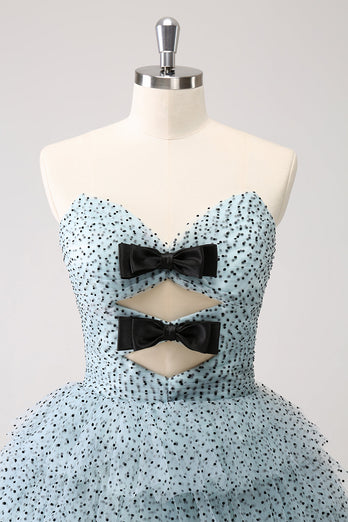 Blue A Line Tiered Dotted Strapless Graduation Dress with Bows