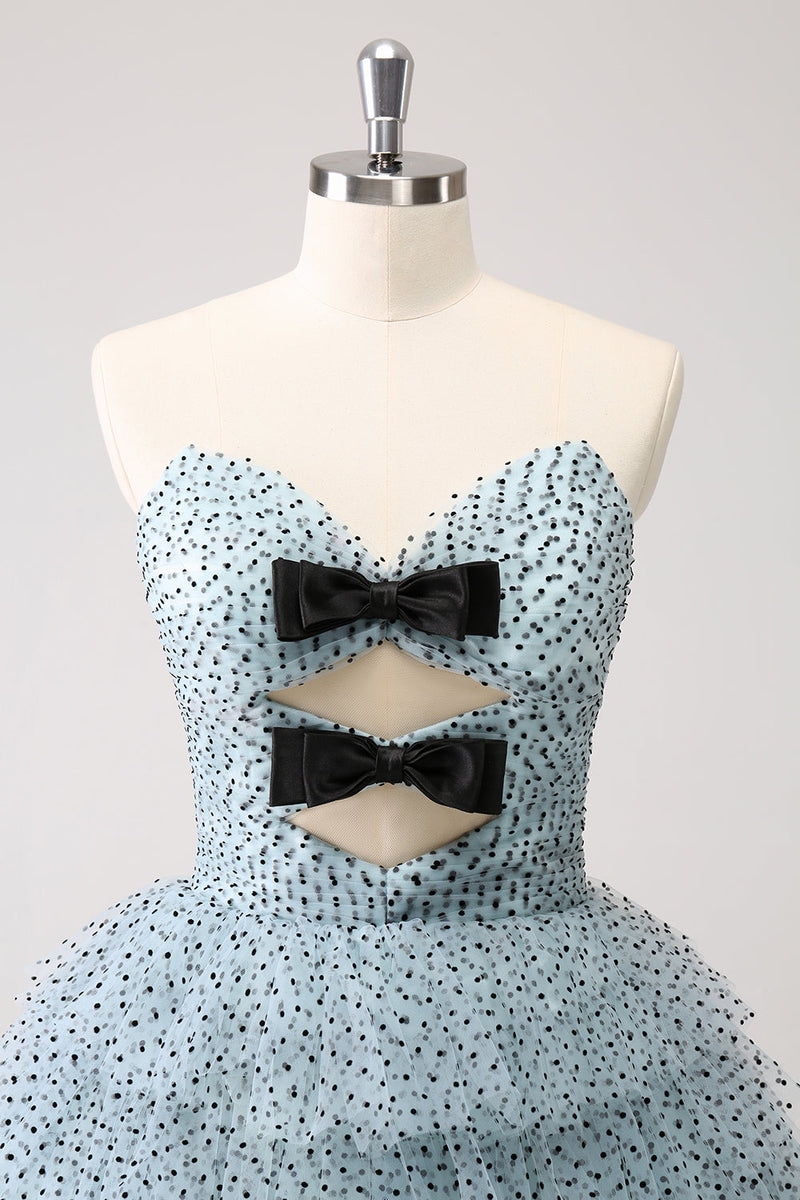 Load image into Gallery viewer, Blue A Line Tiered Dotted Strapless Graduation Dress with Bows