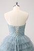 Load image into Gallery viewer, Blue A Line Tiered Dotted Strapless Graduation Dress with Bows